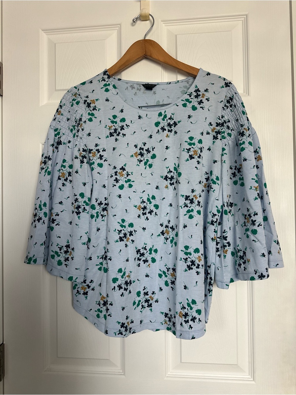 Ann Taylor Pale Blue Floral Smocked Sleeve Blouse